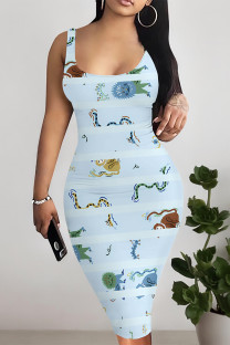 Light Blue Sexy Graffiti Print Stripe Contrast U Neck Printed Dresses
