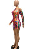 Colour Casual Print Oblique Collar Pencil Skirt Dresses