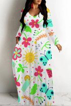 White Casual Flowers Print Pocket Contrast O Neck Printed Dresses