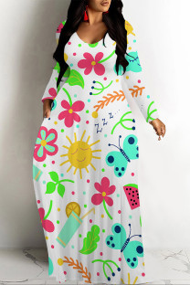 White Casual Flowers Print Pocket Contrast O Neck Printed Dresses