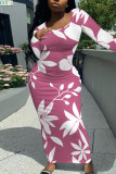 Turquoise Elegant Floral Print Contrast O Neck Printed Dresses