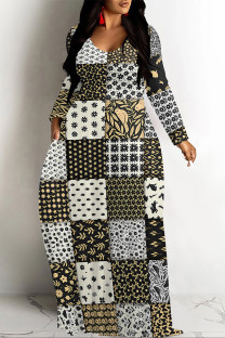 Multicolor Casual Geometric Print Pocket Contrast O Neck Printed Dresses