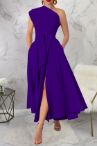 Purple Casual Solid Color Slit Oblique Collar Long Dresses