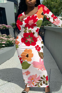 White Elegant Floral Print Contrast O Neck Printed Dresses