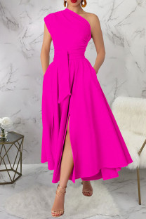 Rose Red Casual Solid Color Slit Oblique Collar Long Dresses
