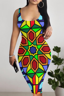 Colour Sexy Geometric Print Contrast U Neck Printed Dresses