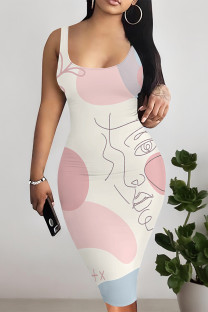 Light Pink Sexy Geometric Print Contrast U Neck Printed Dresses