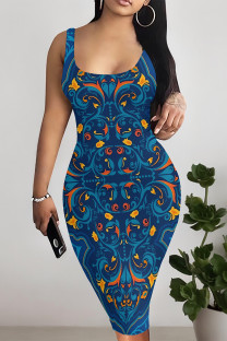 Navy Blue Sexy Geometric Print Contrast U Neck Printed Dresses