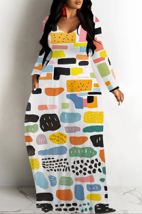 Colour Casual Geometric Print Pocket Contrast O Neck Printed Dresses