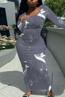 Gray Blue Casual Cartoon Print Contrast O Neck Printed Dresses