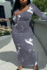 Gray Blue Casual Cartoon Print Contrast O Neck Printed Dresses