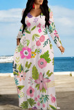 Tangerine Red Casual Flowers Print Pocket Contrast O Neck Printed Dresses