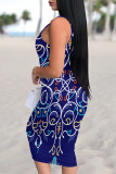 Blue Sexy Geometric Print Contrast U Neck Printed Dresses
