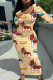 Beige Casual Cartoon Print Contrast O Neck Printed Dresses