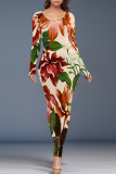Red Green Elegant Floral Print Contrast O Neck Printed Dresses