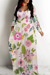 Pink Casual Flowers Print Pocket Contrast O Neck Printed Dresses