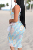 Blue Pink Sexy Graffiti Print Stripe Contrast U Neck Printed Dresses