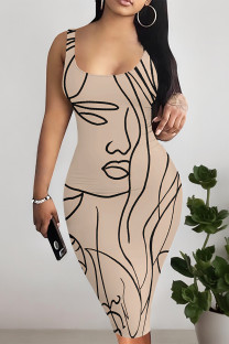 Khaki Sexy Geometric Print Contrast U Neck Printed Dresses
