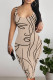 Khaki Sexy Geometric Print Contrast U Neck Printed Dresses