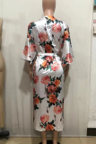 White Casual Print Patchwork Strap Design Cardigan Collar Shirt Dresses