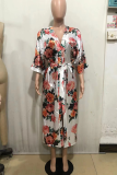 White Casual Print Patchwork Strap Design Cardigan Collar Shirt Dresses