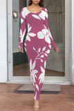 Turquoise Elegant Floral Print Contrast O Neck Printed Dresses