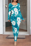 Turquoise Elegant Floral Print Contrast O Neck Printed Dresses