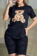 Black Casual Print Pocket Patchwork O Neck Short Sleeve Two Pieces
