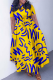 Yellow And Blue Casual Print Pocket Strap Design O Neck Irregular Dresses