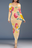 Turquoise Elegant Floral Print Contrast O Neck Printed Dresses