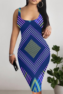 Dark Blue Sexy Geometric Print Contrast U Neck Printed Dresses