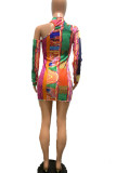 Colour Casual Print Oblique Collar Pencil Skirt Dresses