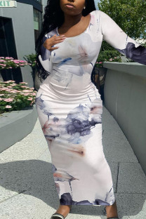 Grey Elegant Floral Print Contrast O Neck Printed Dresses