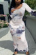 Grey Elegant Floral Print Contrast O Neck Printed Dresses