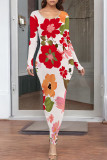 Turquoise Elegant Floral Print Contrast O Neck Printed Dresses