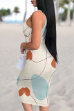 Light Blue Sexy Geometric Print Contrast U Neck Printed Dresses