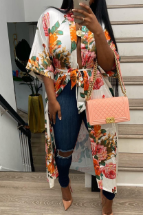 White Casual Print Patchwork Strap Design Cardigan Collar Shirt Dresses