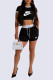 Black Sportswear Letter Print Draw String Pocket Contrast O Neck Short Sleeve Two Pieces