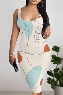 Light Blue Sexy Geometric Print Contrast U Neck Printed Dresses