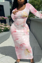 Light Pink Elegant Floral Print Contrast O Neck Printed Dresses