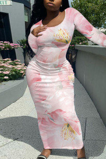 Light Pink Elegant Floral Print Contrast O Neck Printed Dresses