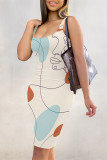 Light Blue Sexy Geometric Print Contrast U Neck Printed Dresses