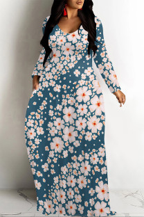 Navy Blue Casual Flowers Print Pocket Contrast O Neck Printed Dresses