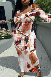 White Elegant Floral Print Contrast O Neck Printed Dresses