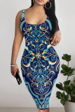 Blue Sexy Geometric Print Contrast U Neck Printed Dresses