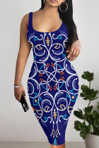 Blue Sexy Geometric Print Contrast U Neck Printed Dresses