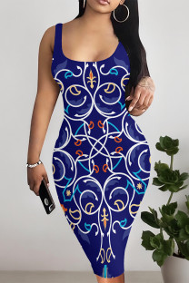 Blue Sexy Geometric Print Contrast U Neck Printed Dresses