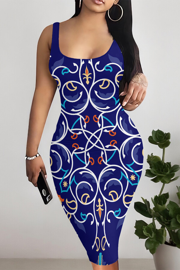 Blue Sexy Geometric Print Contrast U Neck Printed Dresses
