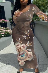Dark Coffee Elegant Floral Print Contrast O Neck Printed Dresses