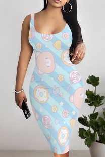Blue Sexy Graffiti Print Stripe Contrast U Neck Printed Dresses